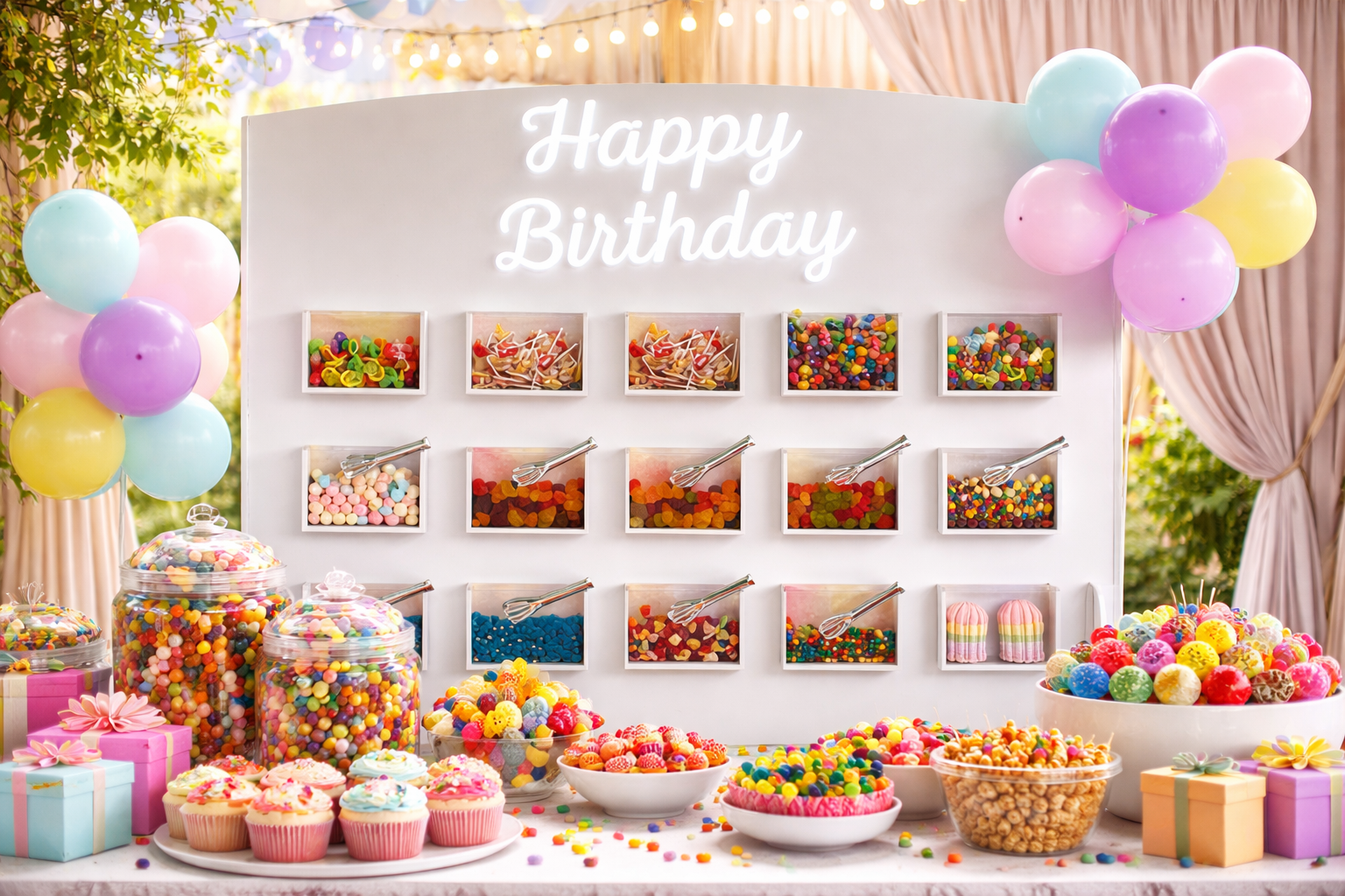 Sweet Buzz Bar full party setup with candy display and jelly shots